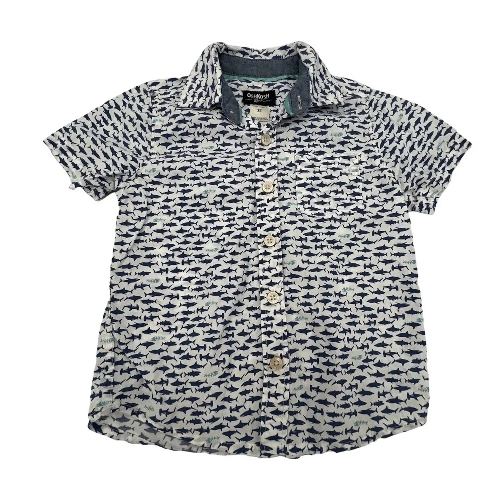OshKosh B'Gosh Blue Shark Button Up Collared Short Sleeve Shirt Size 3T Boys